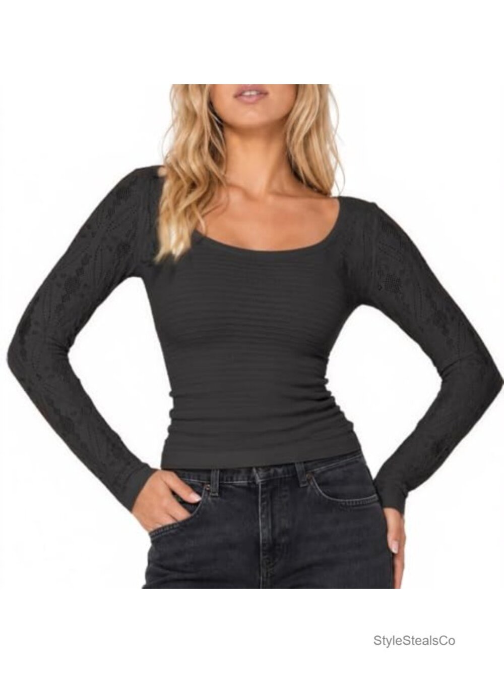 Seamless Long Sleeve Scoop Neck Smocked Top Open Knit Sleeve Fitted Stretch Tee